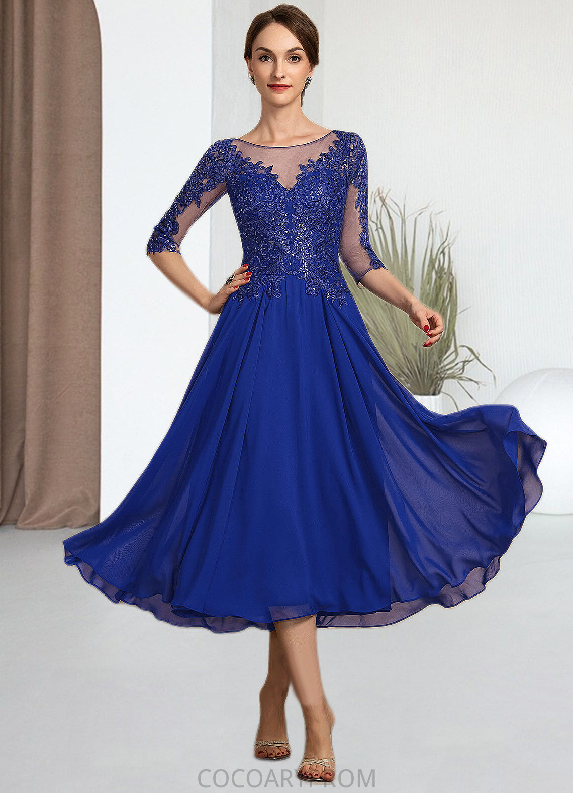 Amari A-Line Scoop Neck Tea-Length Chiffon Lace Mother of the Bride Dress With Sequins DA8126P0014565