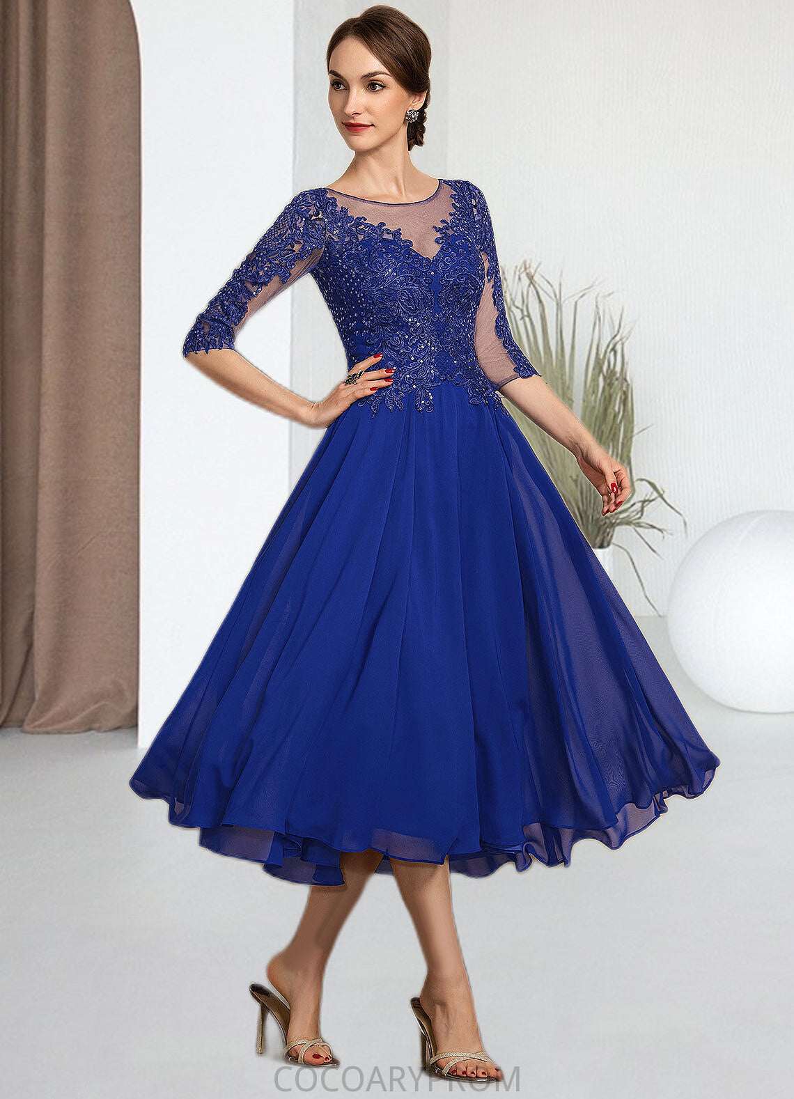 Amari A-Line Scoop Neck Tea-Length Chiffon Lace Mother of the Bride Dress With Sequins DA8126P0014565