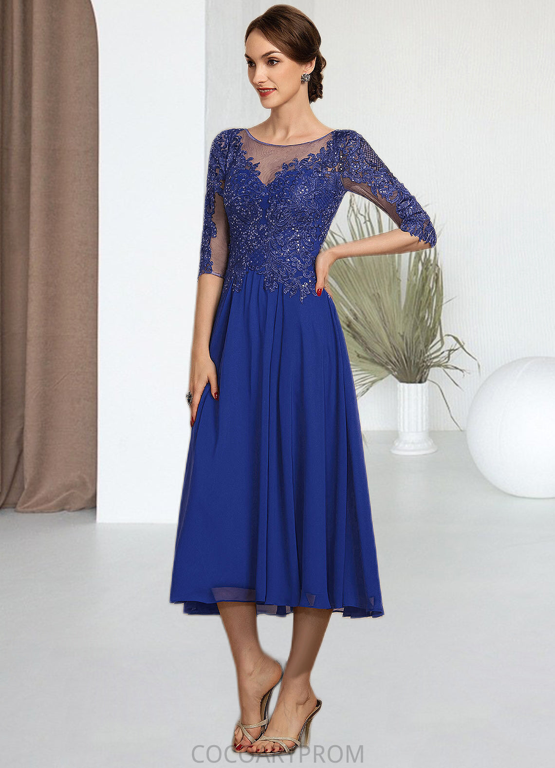 Amari A-Line Scoop Neck Tea-Length Chiffon Lace Mother of the Bride Dress With Sequins DA8126P0014565