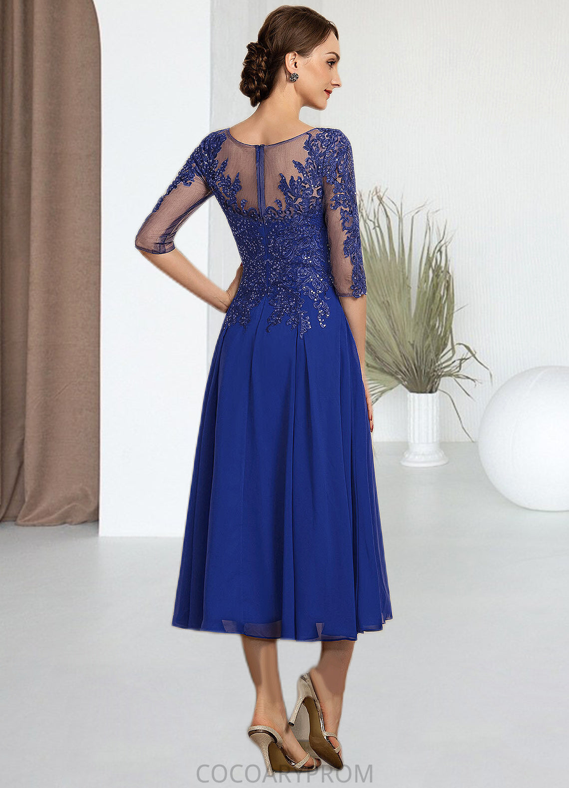 Amari A-Line Scoop Neck Tea-Length Chiffon Lace Mother of the Bride Dress With Sequins DA8126P0014565