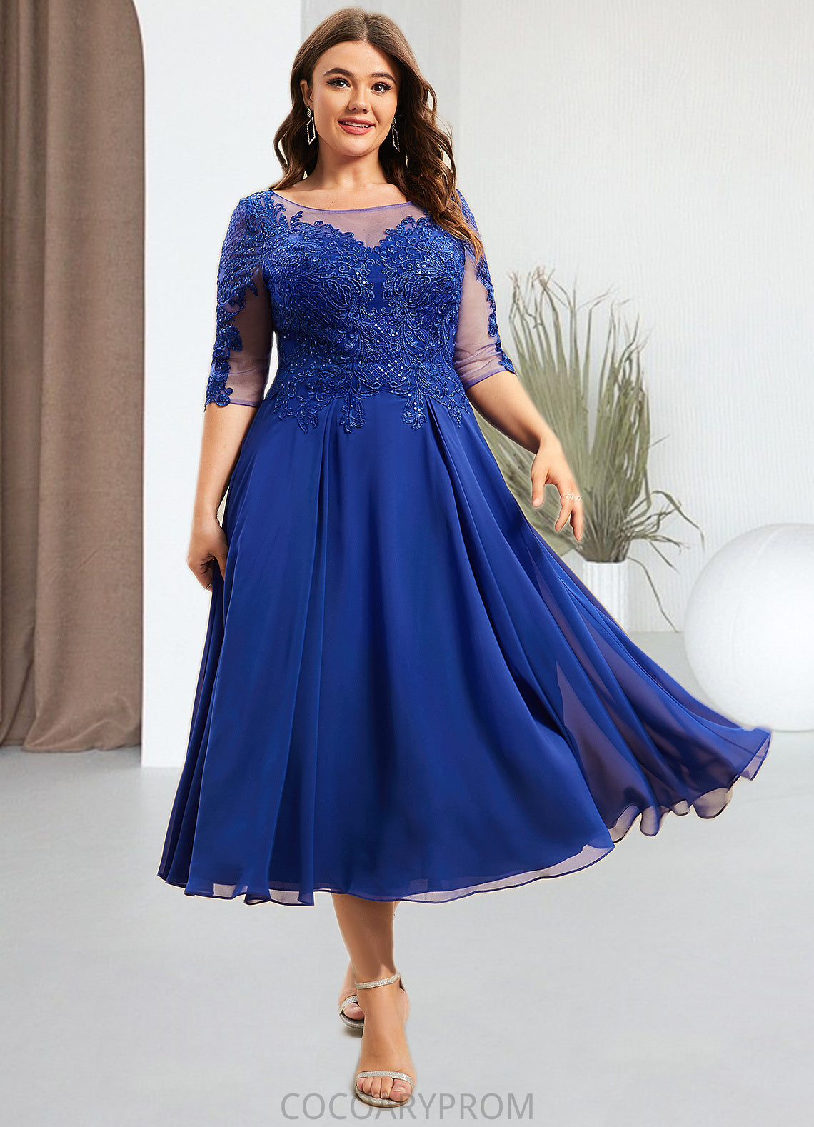 Amari A-Line Scoop Neck Tea-Length Chiffon Lace Mother of the Bride Dress With Sequins DA8126P0014565