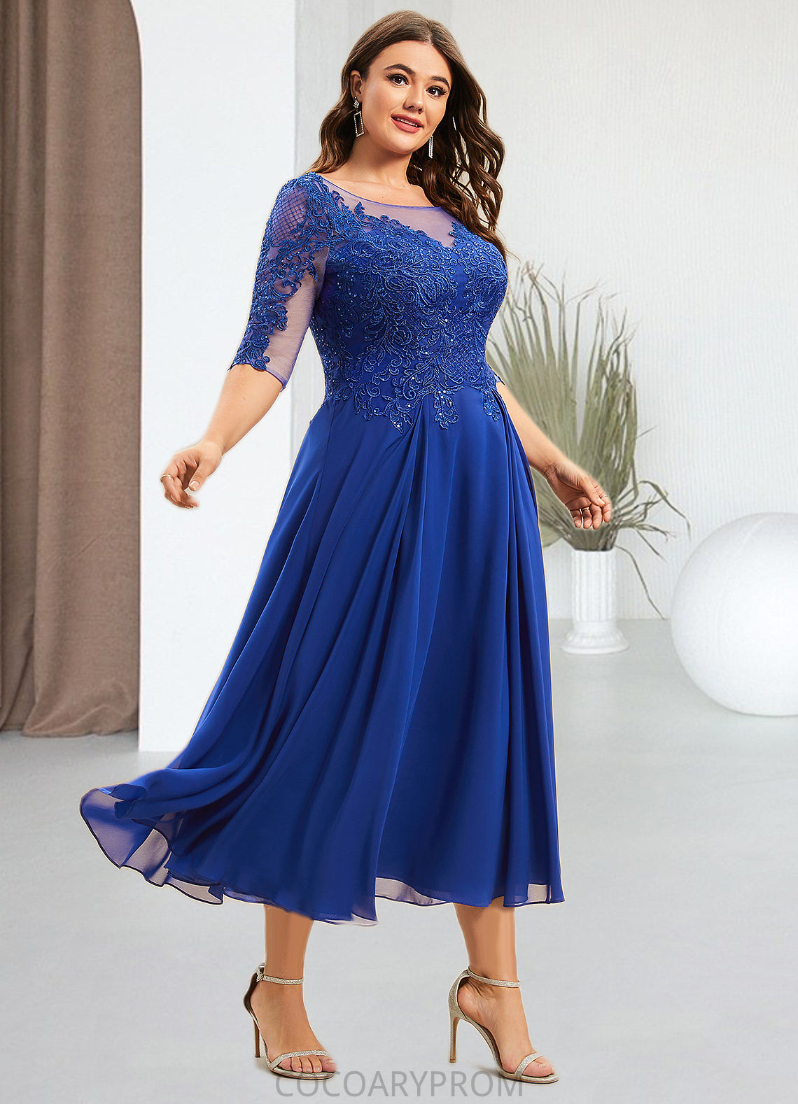 Amari A-Line Scoop Neck Tea-Length Chiffon Lace Mother of the Bride Dress With Sequins DA8126P0014565