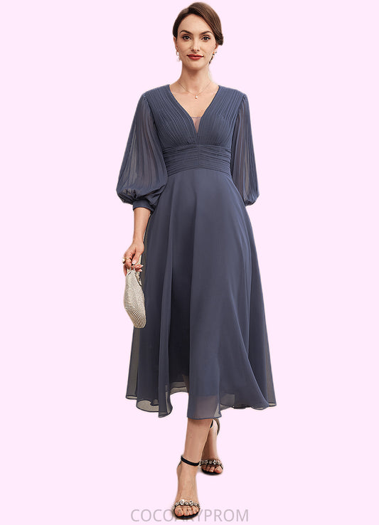 Blanche A-Line V-neck Tea-Length Chiffon Mother of the Bride Dress With Ruffle DA8126P0014566