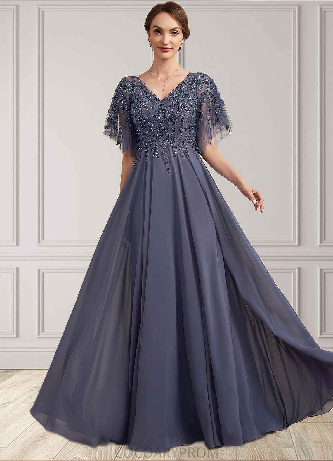 Jaidyn A-line V-Neck Floor-Length Chiffon Lace Mother of the Bride Dress With Beading Sequins DA8126P0014571