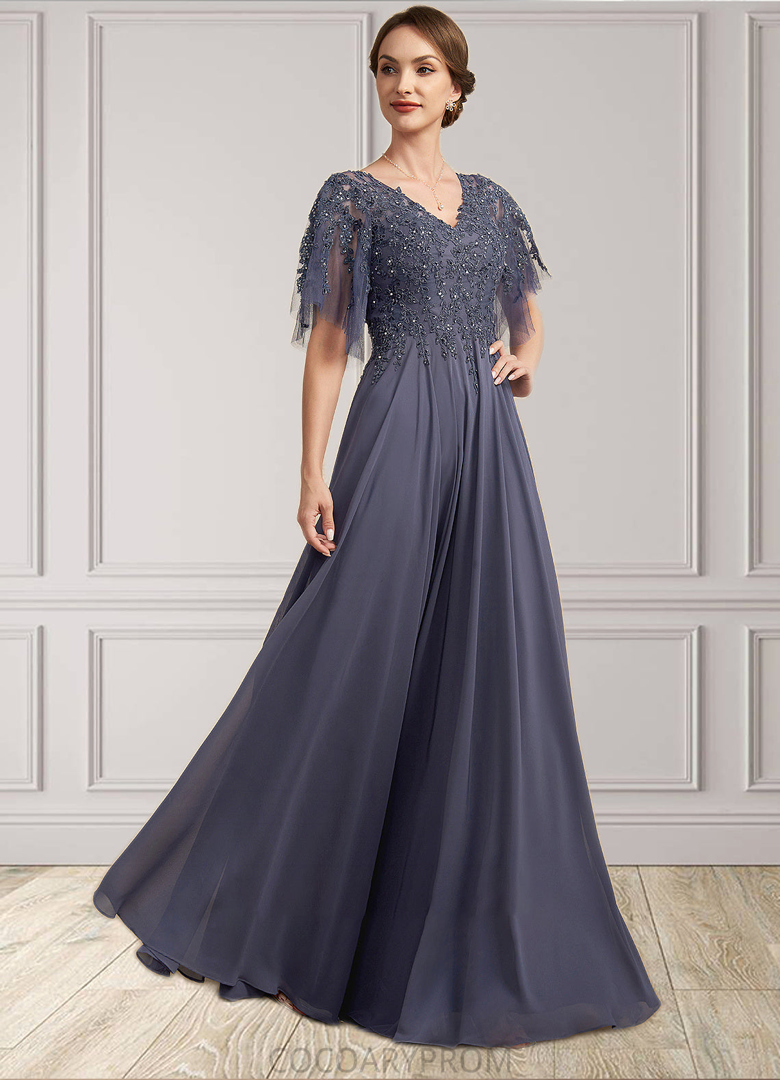 Jaidyn A-line V-Neck Floor-Length Chiffon Lace Mother of the Bride Dress With Beading Sequins DA8126P0014571