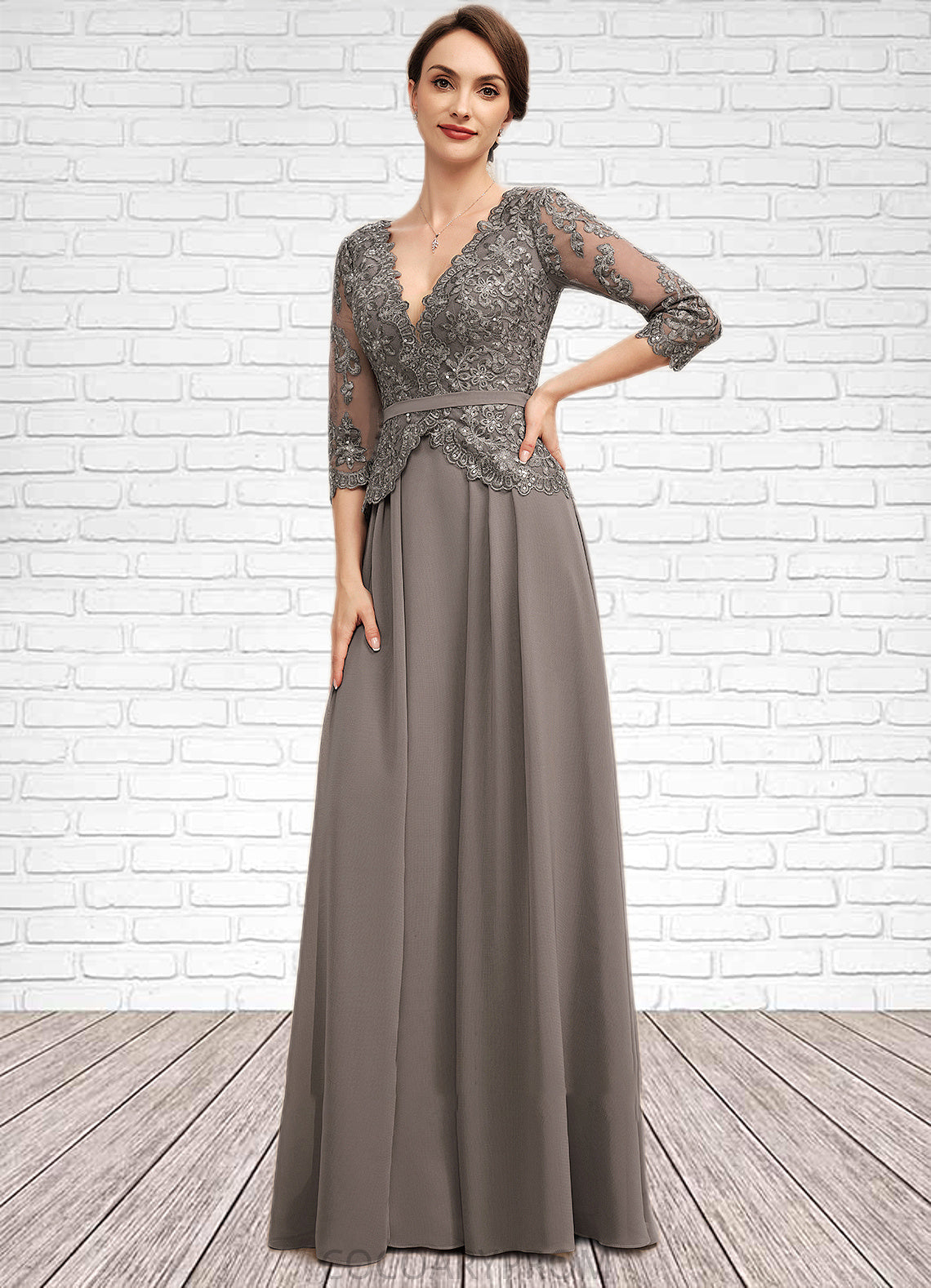 Jasmin A-Line V-neck Floor-Length Chiffon Lace Mother of the Bride Dress With Sequins DA8126P0014574