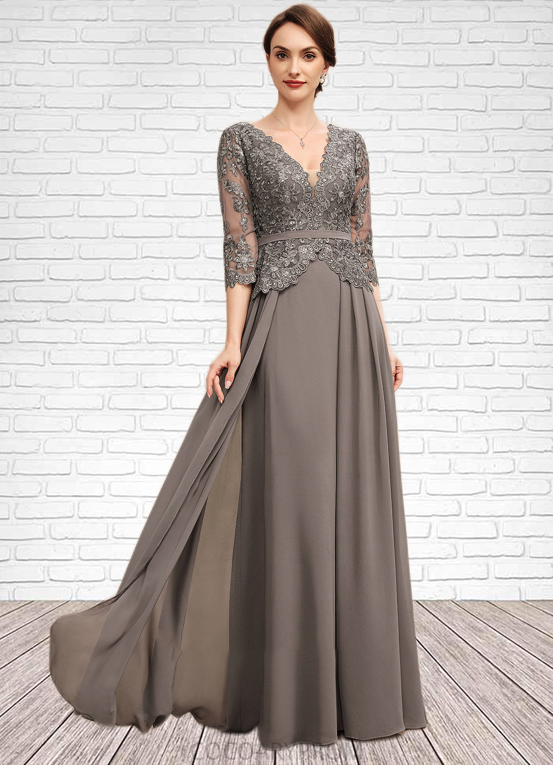 Jasmin A-Line V-neck Floor-Length Chiffon Lace Mother of the Bride Dress With Sequins DA8126P0014574