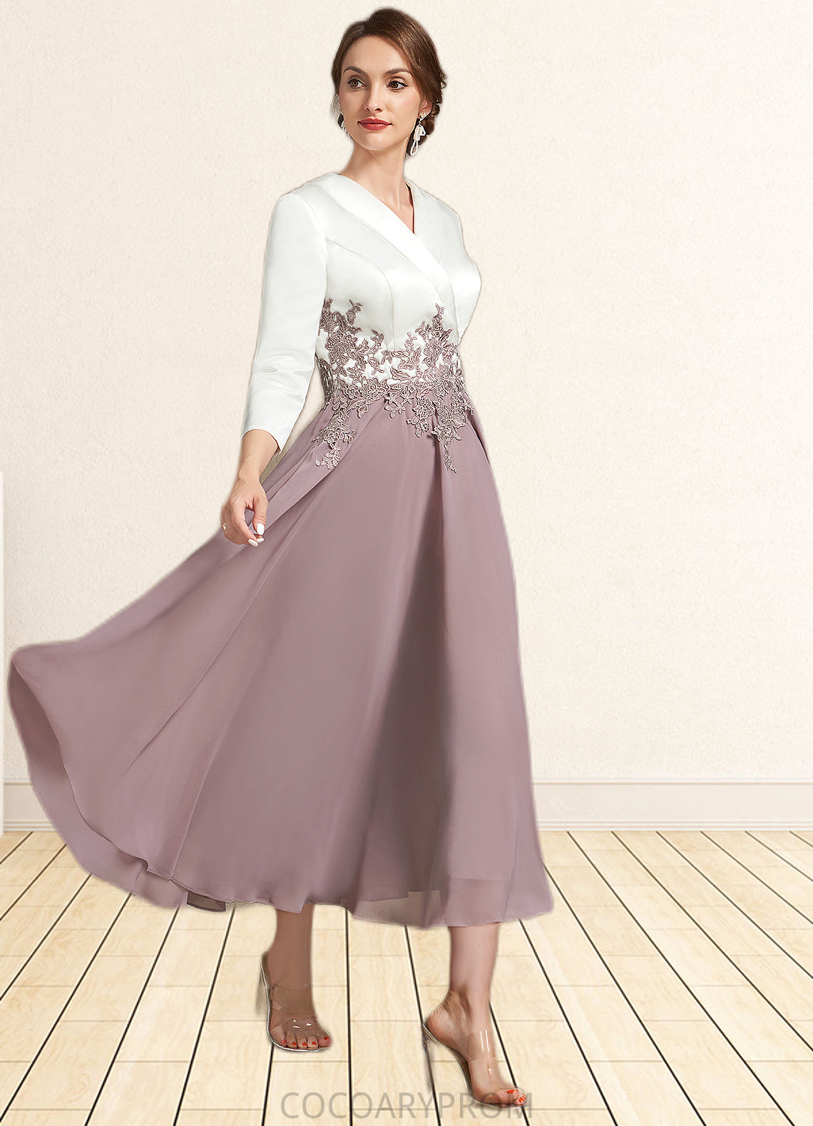 Ainsley A-Line V-neck Tea-Length Chiffon Lace Mother of the Bride Dress DA8126P0014575