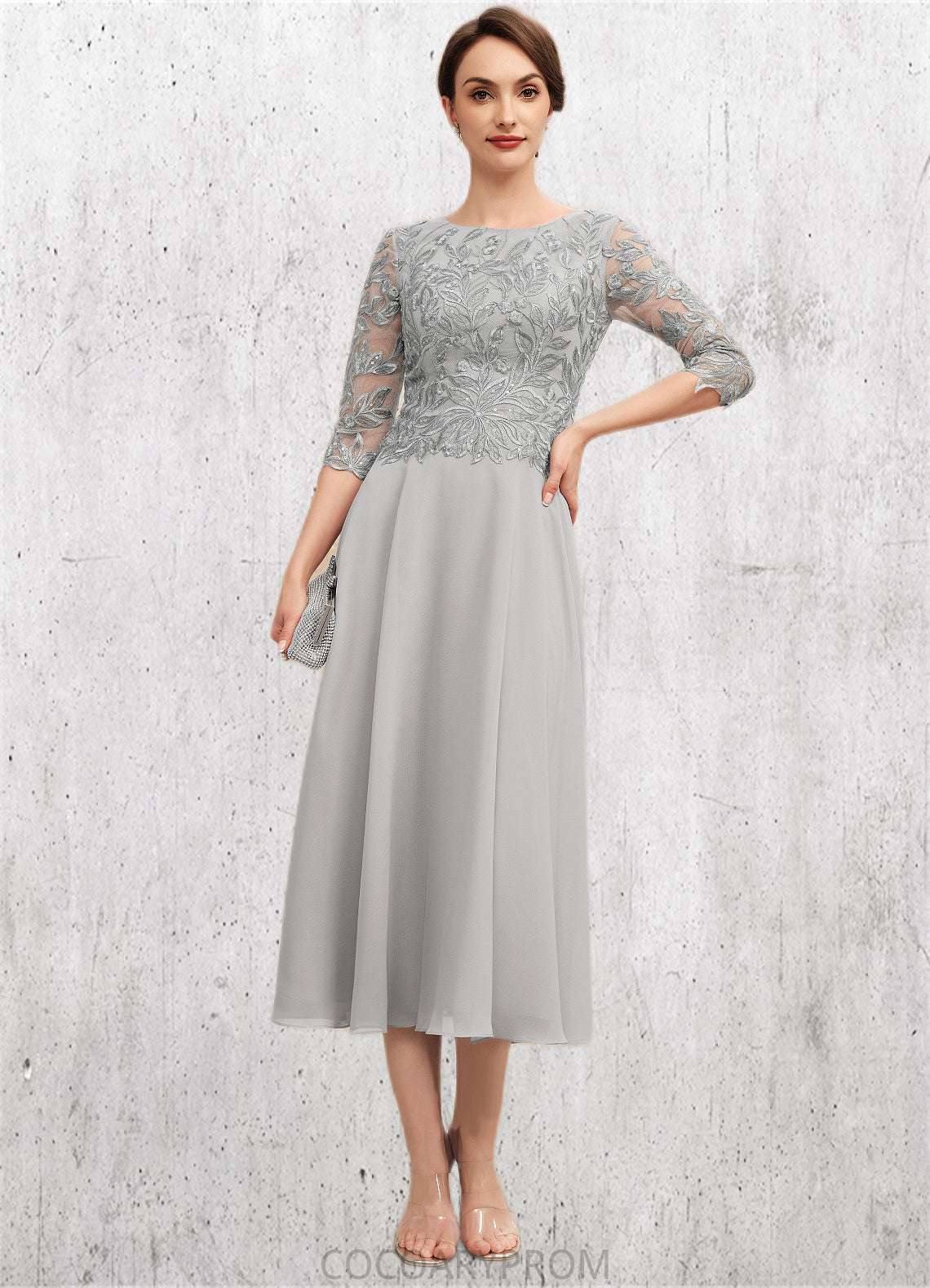 Kamila A-Line Scoop Neck Tea-Length Chiffon Lace Mother of the Bride Dress With Sequins DA8126P0014580