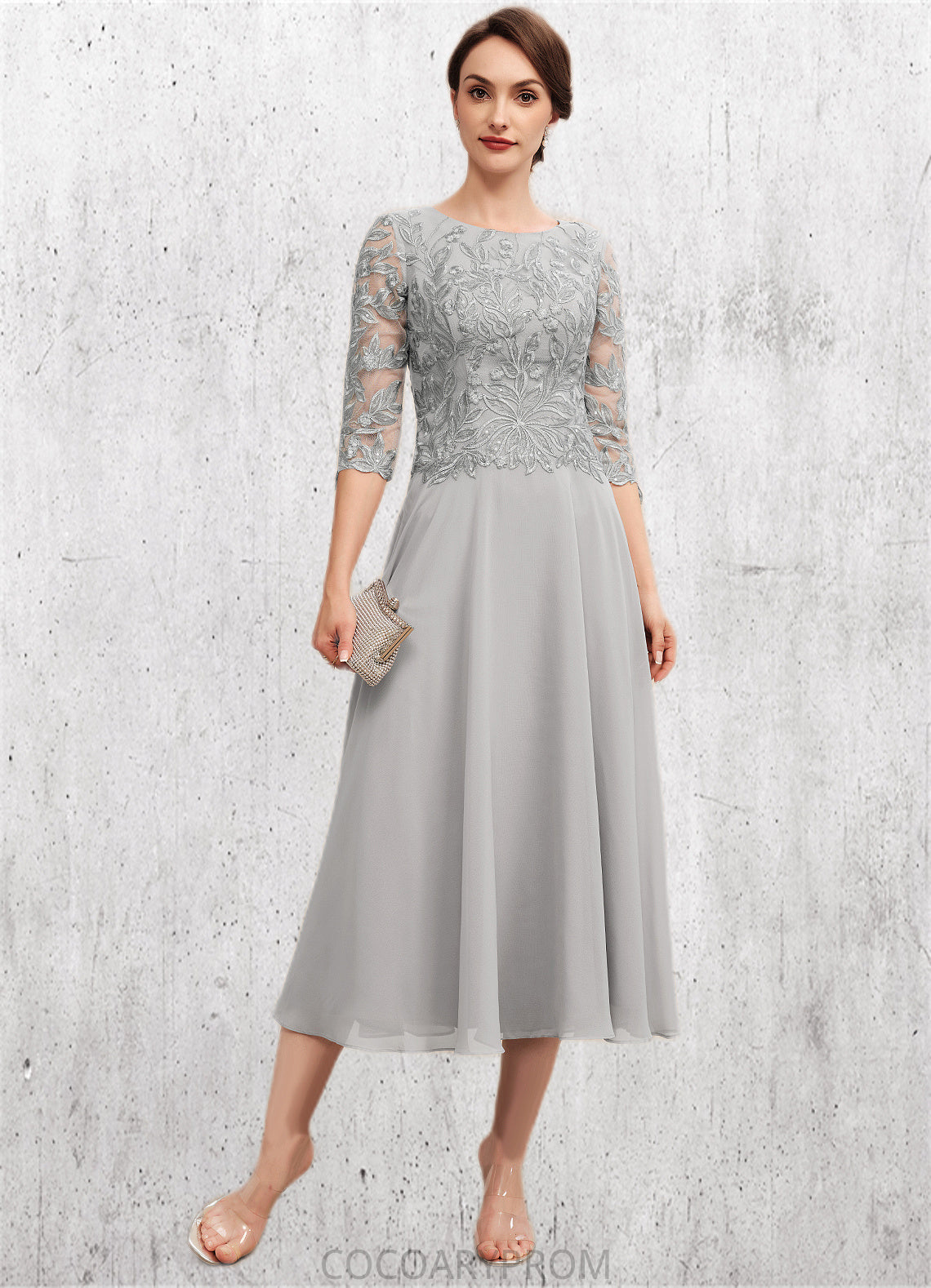 Kamila A-Line Scoop Neck Tea-Length Chiffon Lace Mother of the Bride Dress With Sequins DA8126P0014580