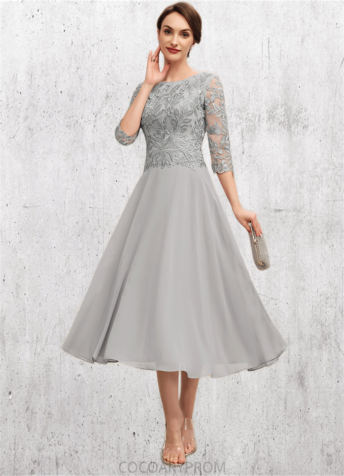 Kamila A-Line Scoop Neck Tea-Length Chiffon Lace Mother of the Bride Dress With Sequins DA8126P0014580