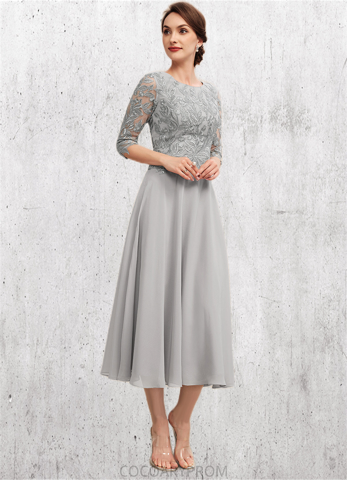 Kamila A-Line Scoop Neck Tea-Length Chiffon Lace Mother of the Bride Dress With Sequins DA8126P0014580