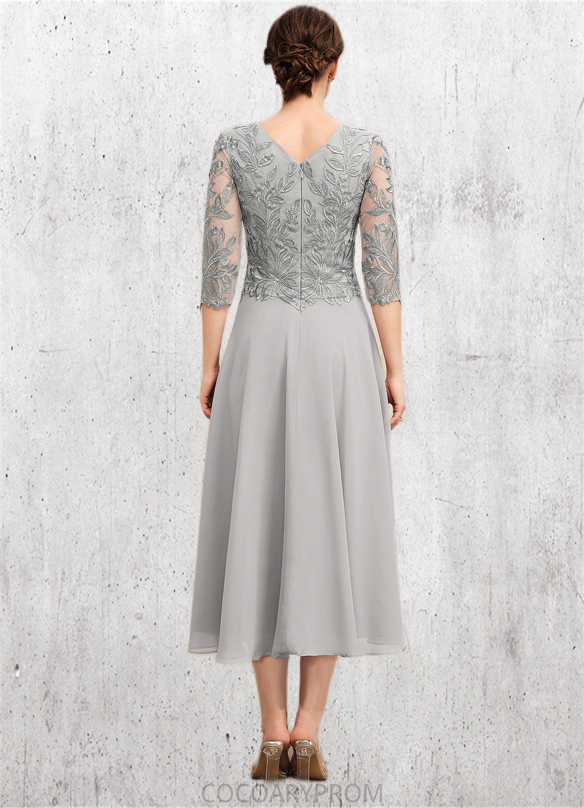 Kamila A-Line Scoop Neck Tea-Length Chiffon Lace Mother of the Bride Dress With Sequins DA8126P0014580