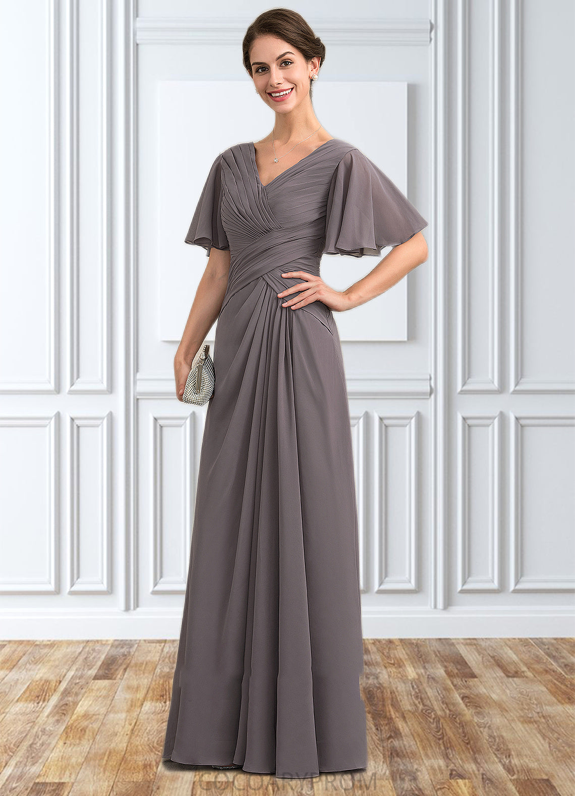 Annabella A-Line V-neck Floor-Length Chiffon Mother of the Bride Dress With Ruffle DA8126P0014581