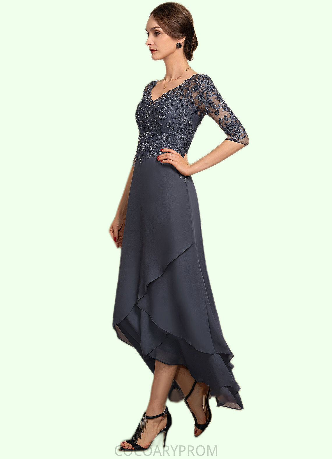 Isabel A-line V-Neck Asymmetrical Chiffon Lace Mother of the Bride Dress With Beading Sequins DA8126P0014584