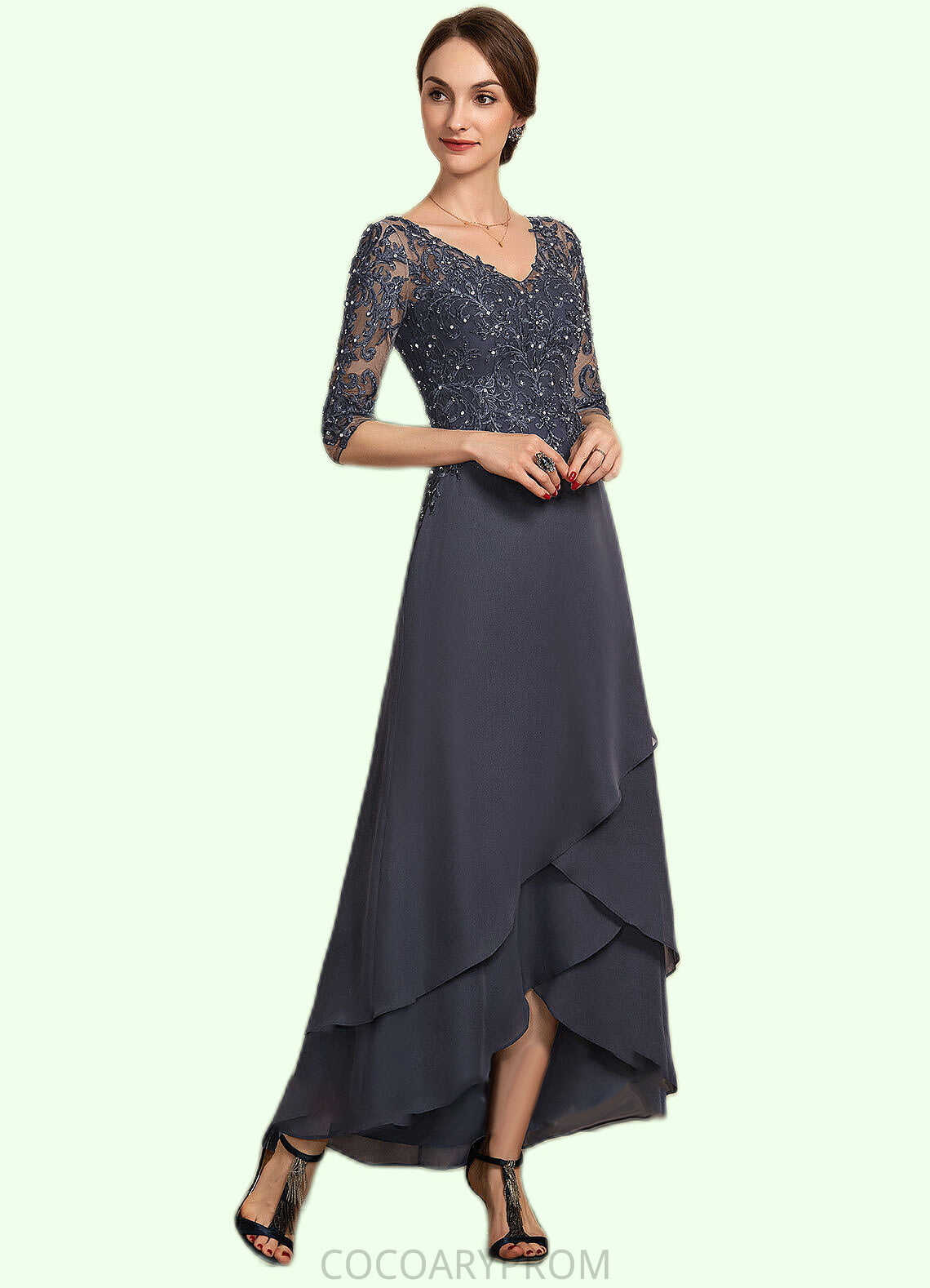 Isabel A-line V-Neck Asymmetrical Chiffon Lace Mother of the Bride Dress With Beading Sequins DA8126P0014584