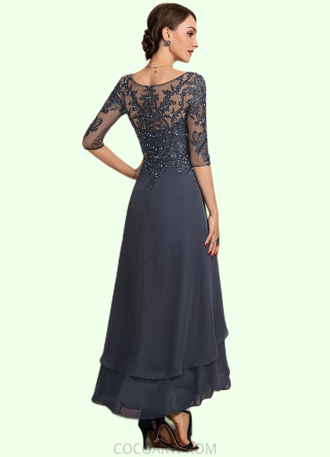 Isabel A-line V-Neck Asymmetrical Chiffon Lace Mother of the Bride Dress With Beading Sequins DA8126P0014584