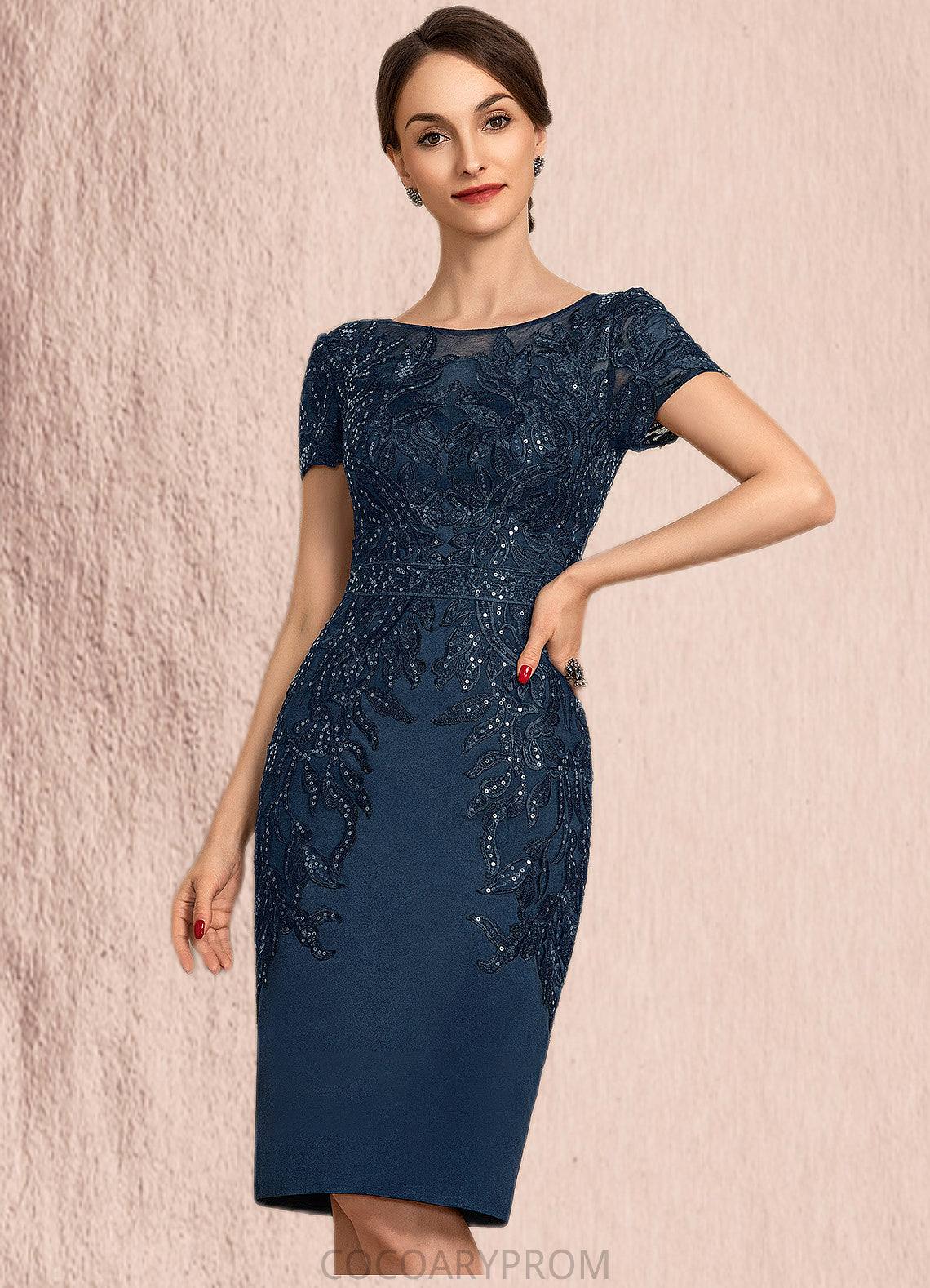 Alessandra Sheath/Column Scoop Neck Knee-Length Satin Lace Mother of the Bride Dress With Sequins DA8126P0014586