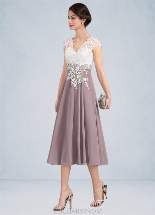 Aimee A-Line V-neck Tea-Length Chiffon Lace Mother of the Bride Dress DA8126P0014588