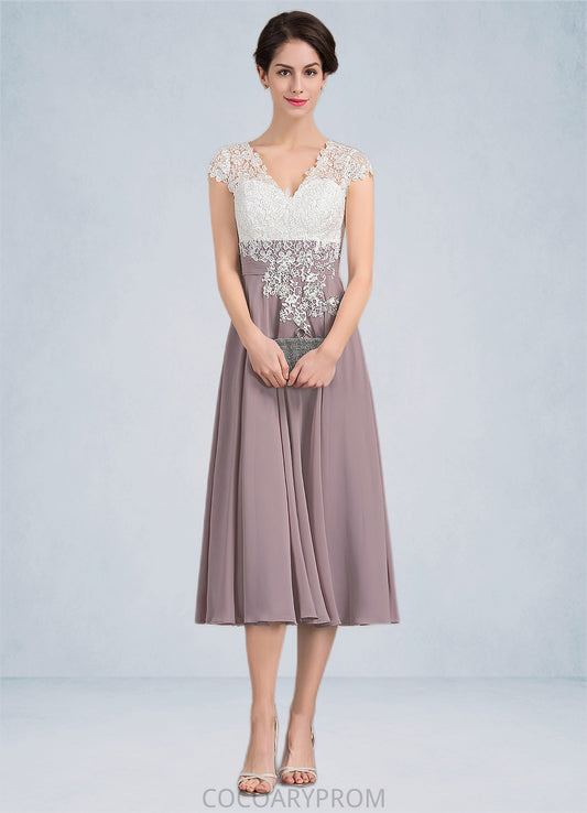 Aimee A-Line V-neck Tea-Length Chiffon Lace Mother of the Bride Dress DA8126P0014588