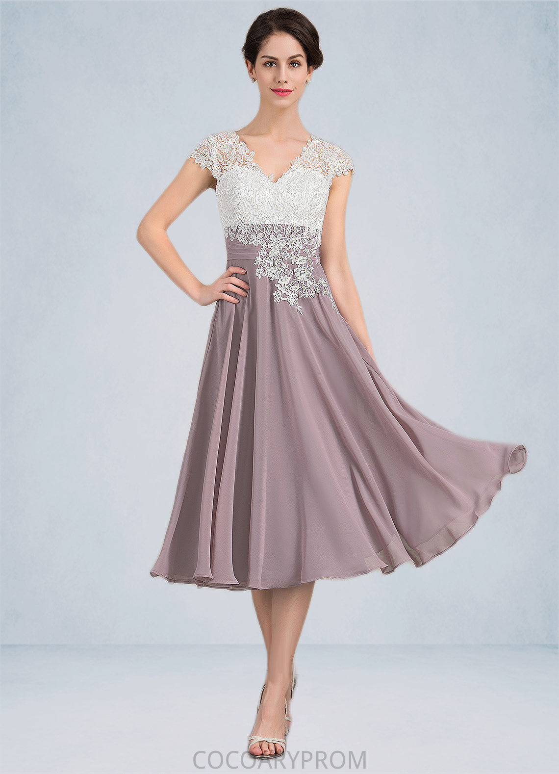 Aimee A-Line V-neck Tea-Length Chiffon Lace Mother of the Bride Dress DA8126P0014588