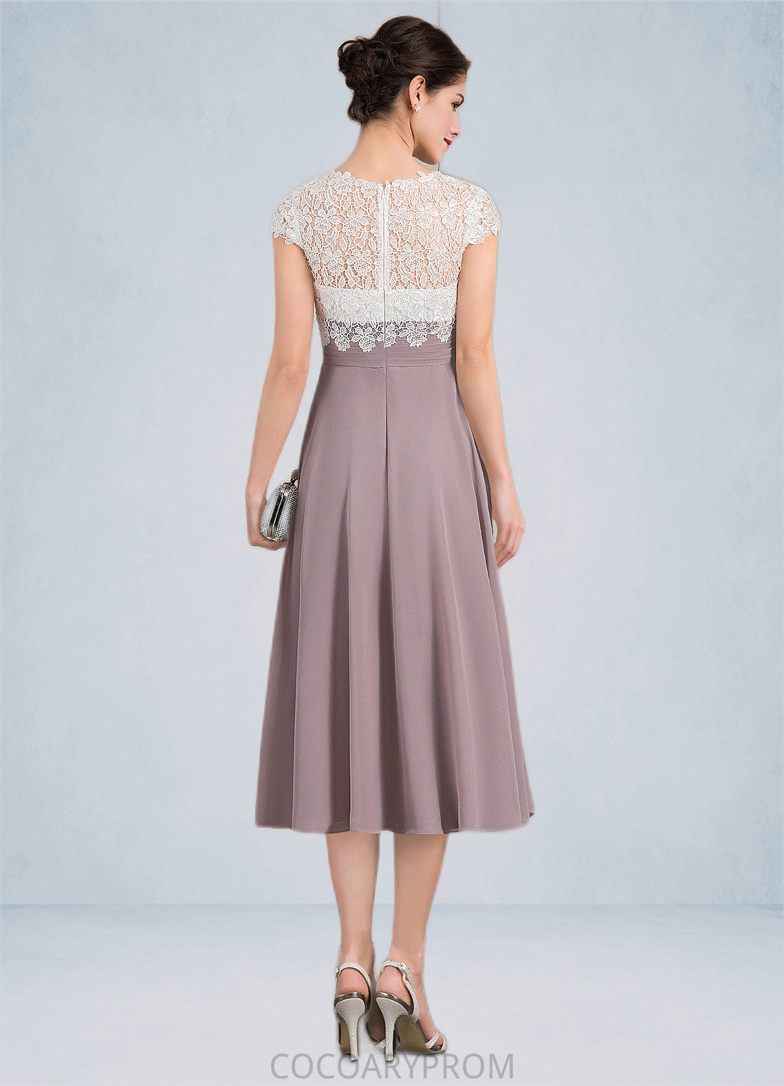 Aimee A-Line V-neck Tea-Length Chiffon Lace Mother of the Bride Dress DA8126P0014588