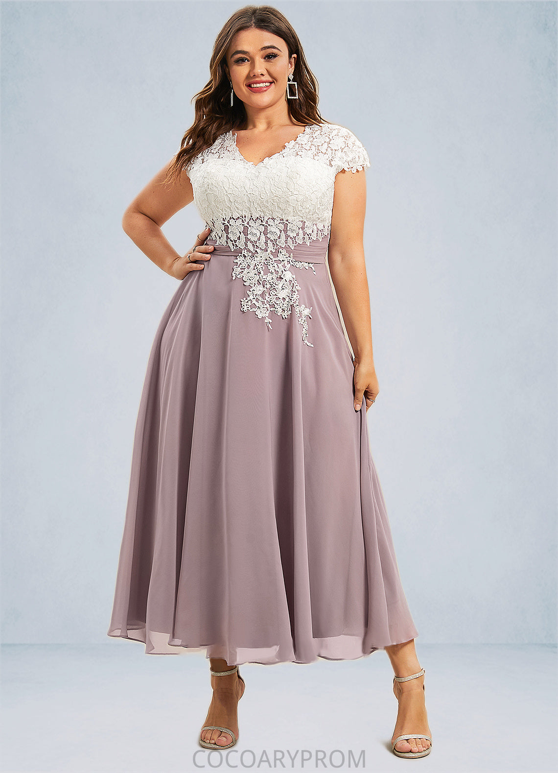 Aimee A-Line V-neck Tea-Length Chiffon Lace Mother of the Bride Dress DA8126P0014588