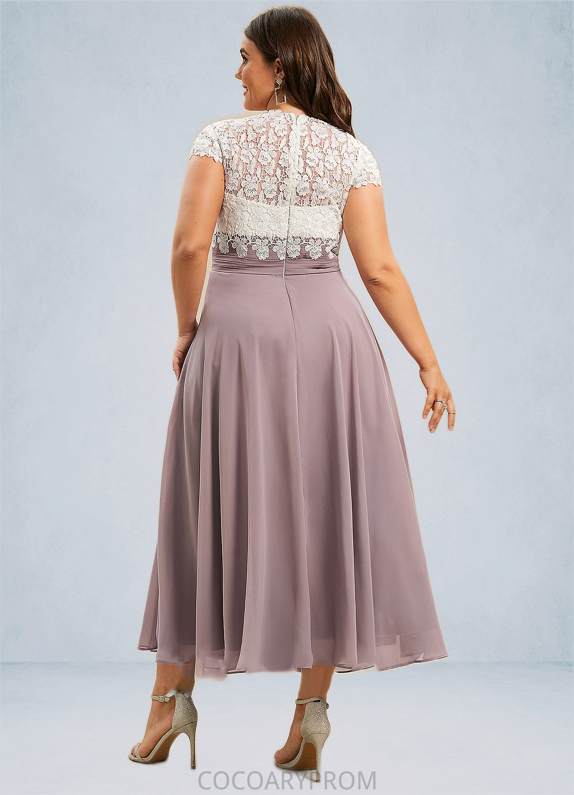 Aimee A-Line V-neck Tea-Length Chiffon Lace Mother of the Bride Dress DA8126P0014588