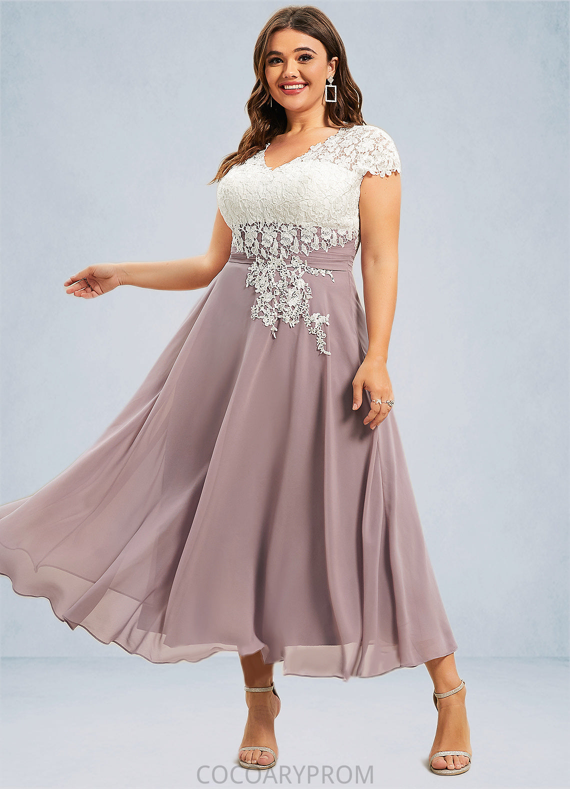 Aimee A-Line V-neck Tea-Length Chiffon Lace Mother of the Bride Dress DA8126P0014588