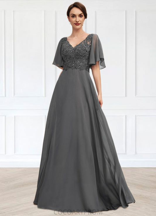 Carla A-line V-Neck Floor-Length Chiffon Lace Mother of the Bride Dress With Beading Sequins DA8126P0014589