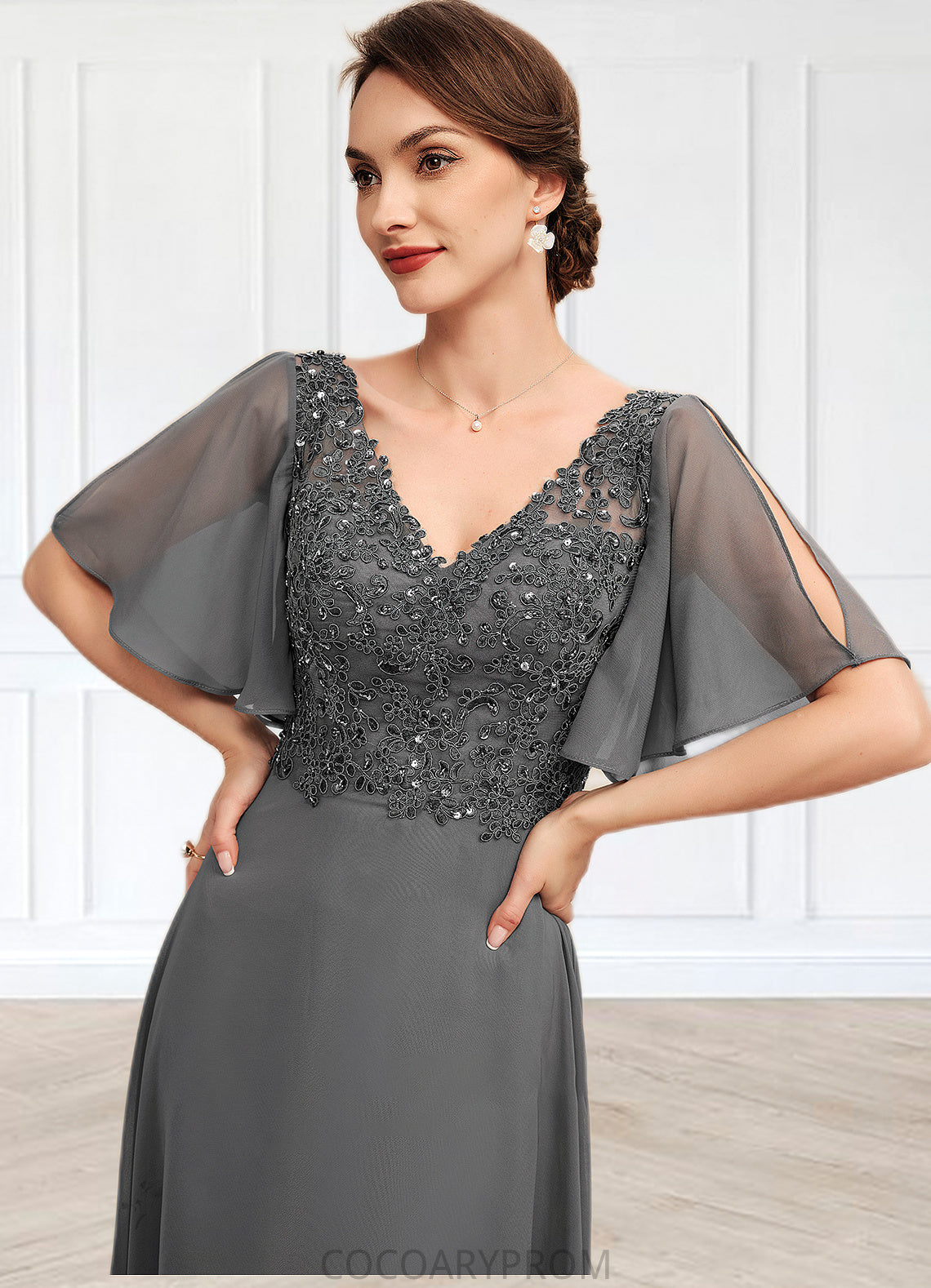 Carla A-line V-Neck Floor-Length Chiffon Lace Mother of the Bride Dress With Beading Sequins DA8126P0014589