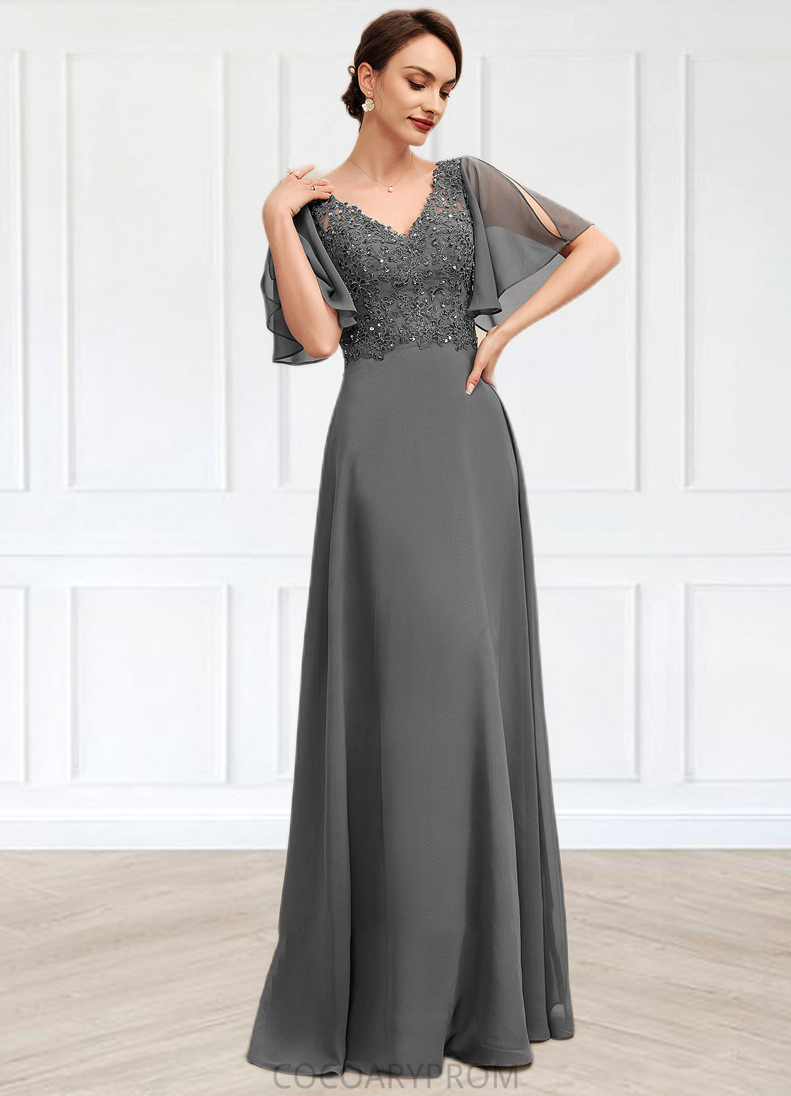 Carla A-line V-Neck Floor-Length Chiffon Lace Mother of the Bride Dress With Beading Sequins DA8126P0014589