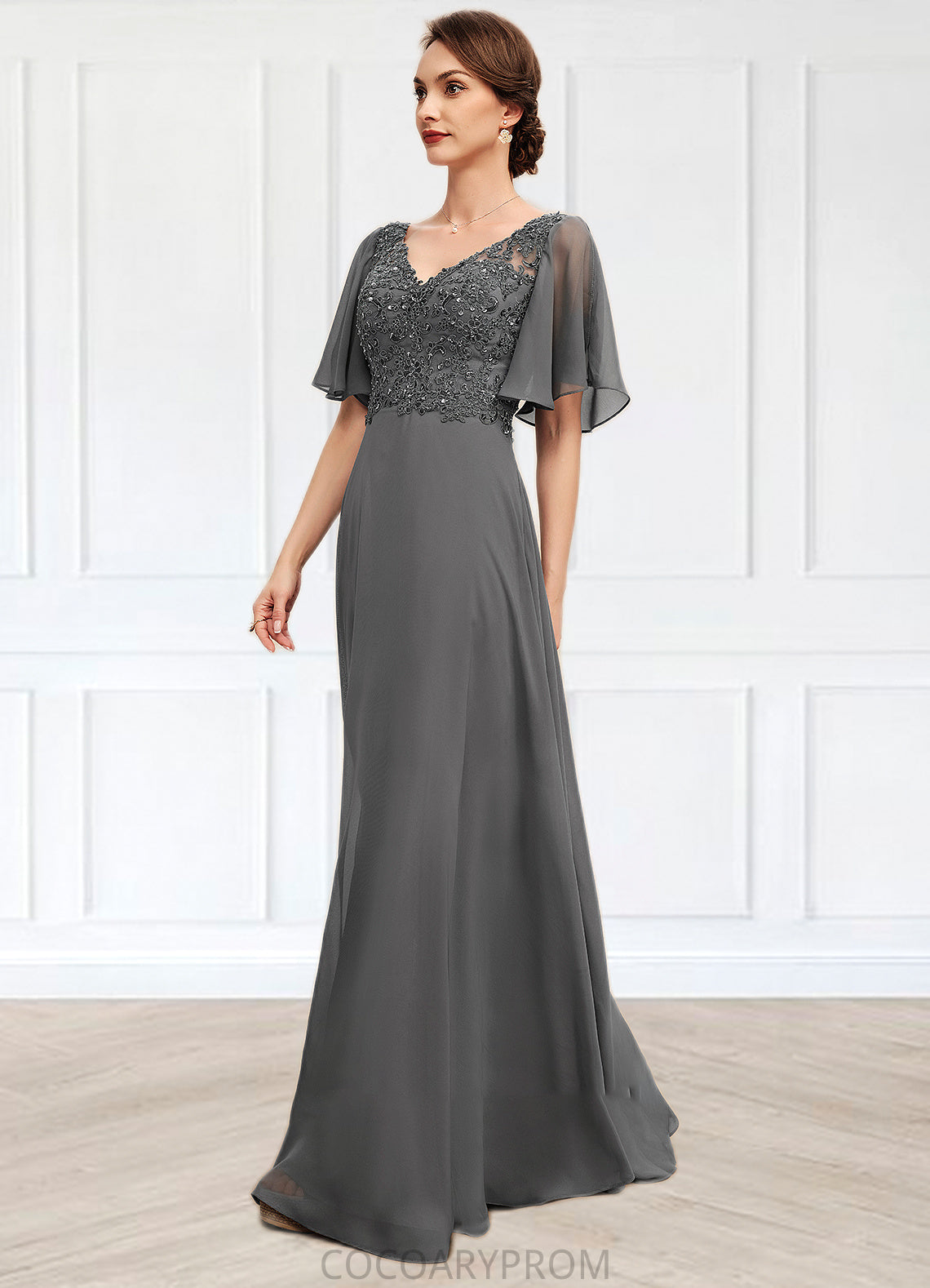 Carla A-line V-Neck Floor-Length Chiffon Lace Mother of the Bride Dress With Beading Sequins DA8126P0014589