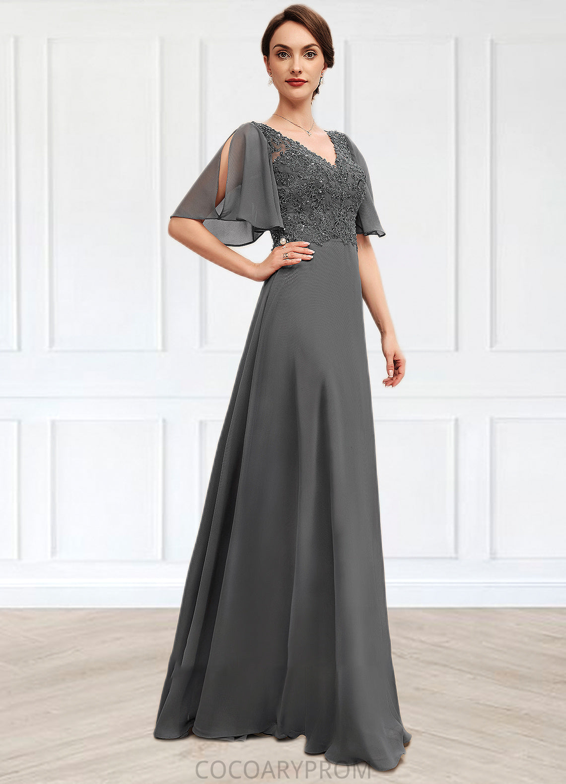 Carla A-line V-Neck Floor-Length Chiffon Lace Mother of the Bride Dress With Beading Sequins DA8126P0014589