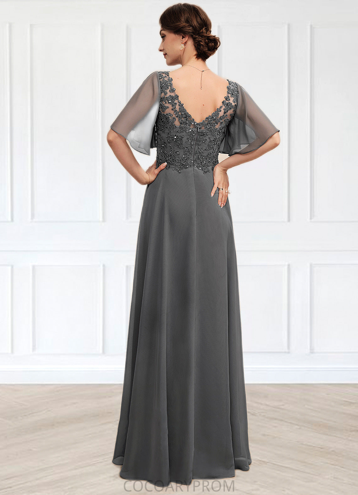 Carla A-line V-Neck Floor-Length Chiffon Lace Mother of the Bride Dress With Beading Sequins DA8126P0014589