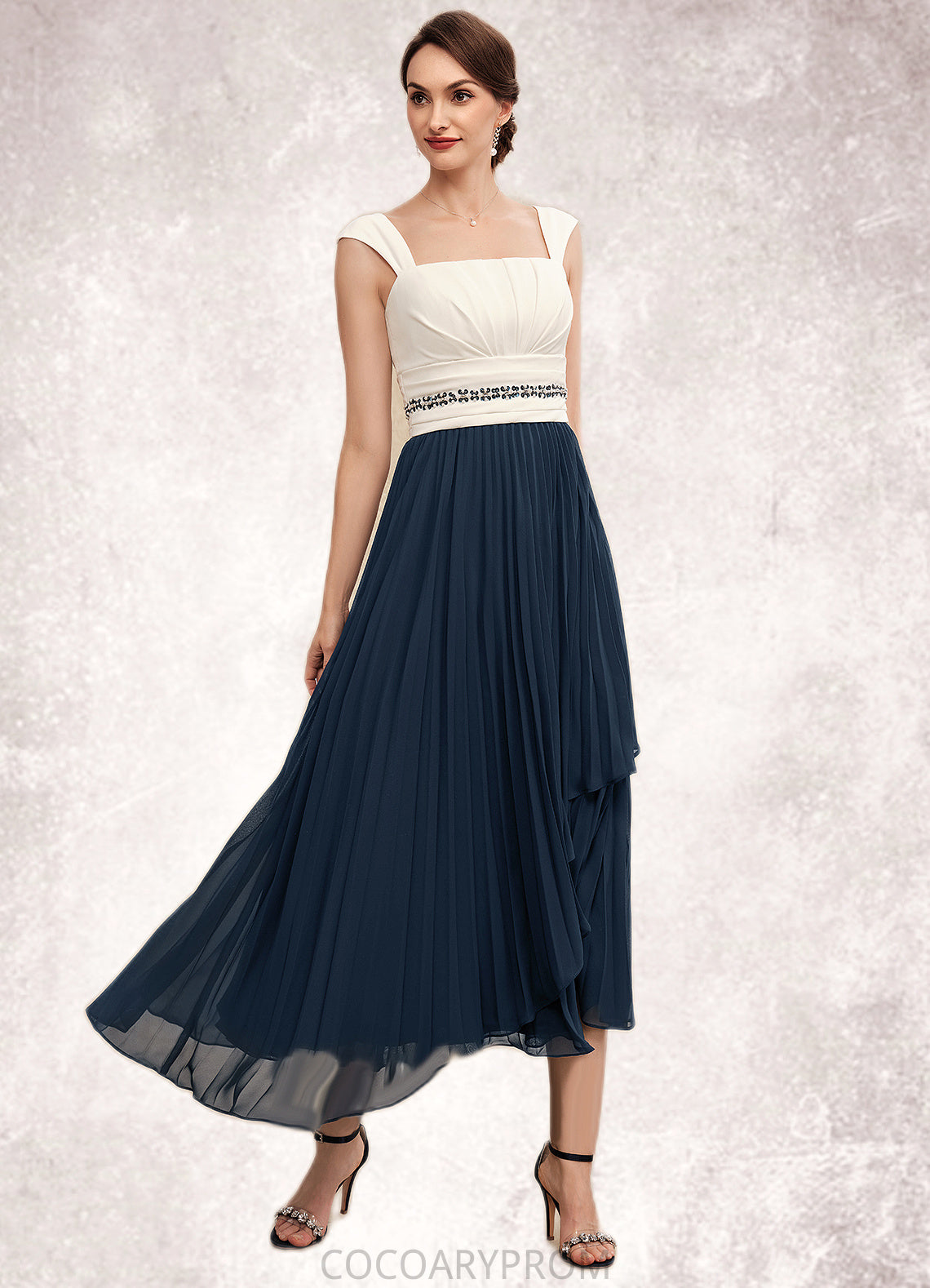 Aria A-Line Square Neckline Tea-Length Chiffon Mother of the Bride Dress With Beading Sequins Pleated DA8126P0014594