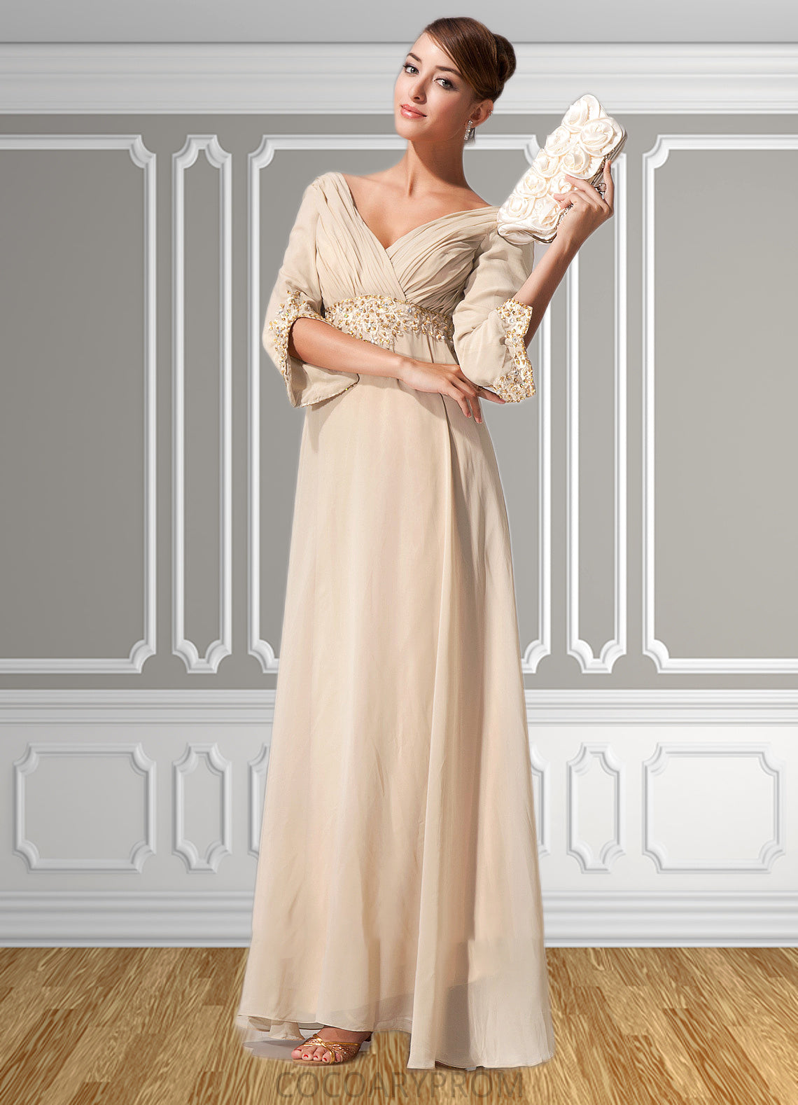 Summer Empire V-neck Floor-Length Chiffon Mother of the Bride Dress With Ruffle Beading DA8126P0014597