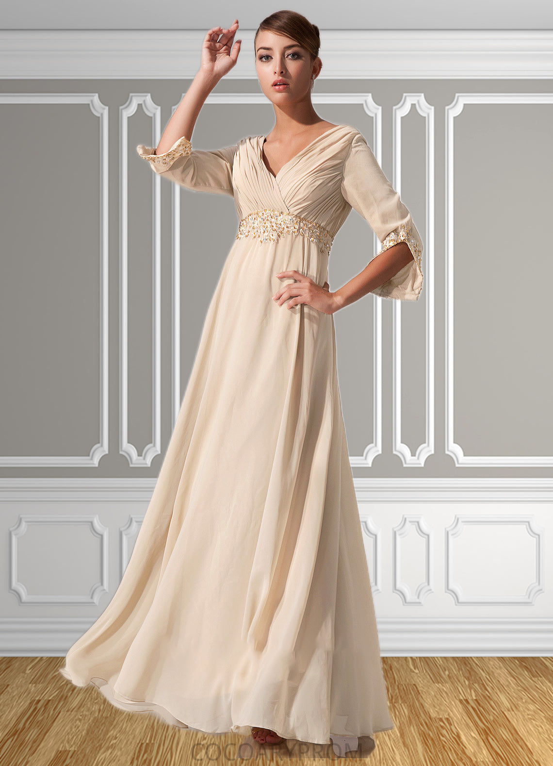 Summer Empire V-neck Floor-Length Chiffon Mother of the Bride Dress With Ruffle Beading DA8126P0014597