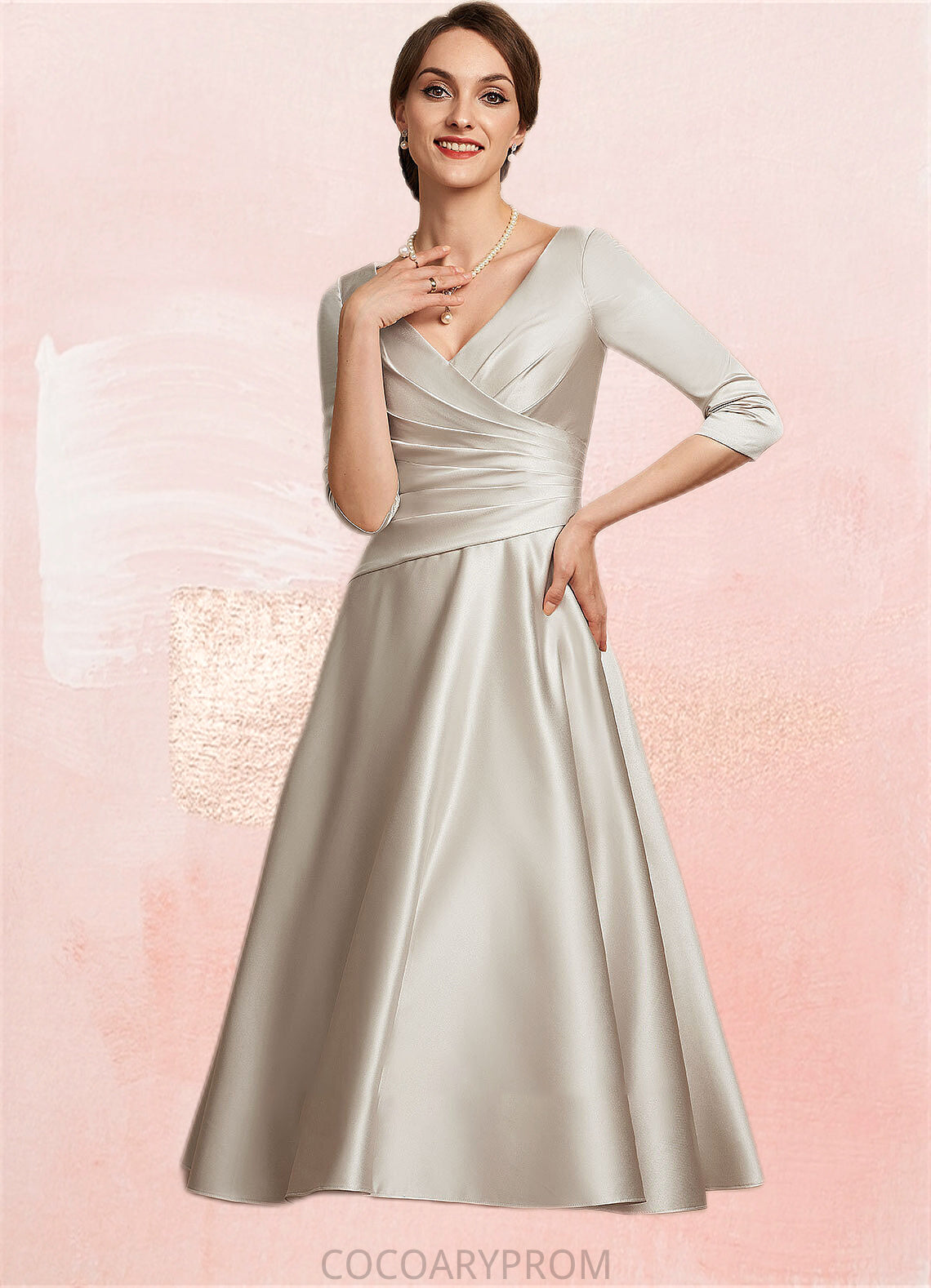 Lola A-Line V-neck Tea-Length Satin Mother of the Bride Dress With Ruffle DA8126P0014598