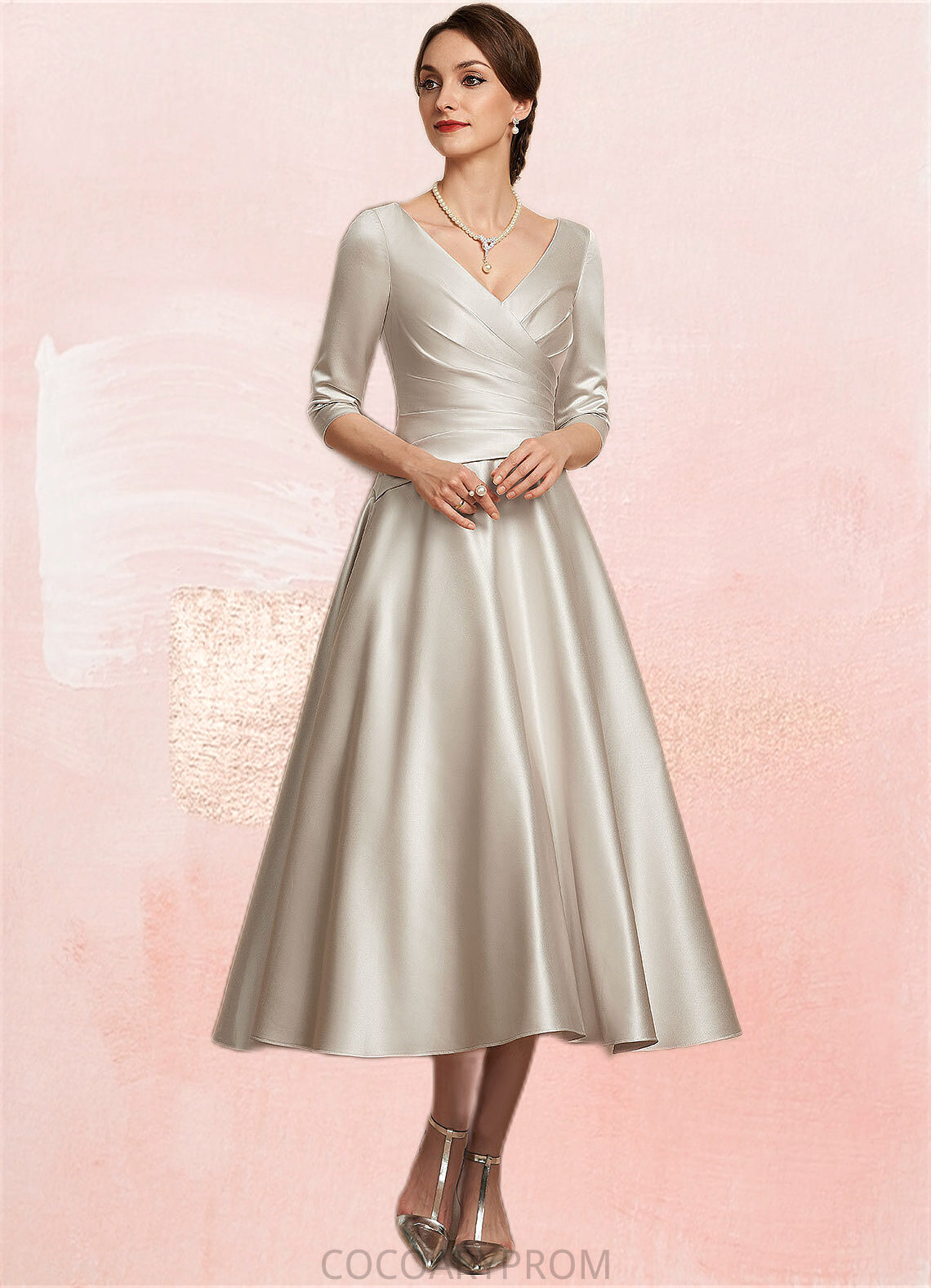 Lola A-Line V-neck Tea-Length Satin Mother of the Bride Dress With Ruffle DA8126P0014598