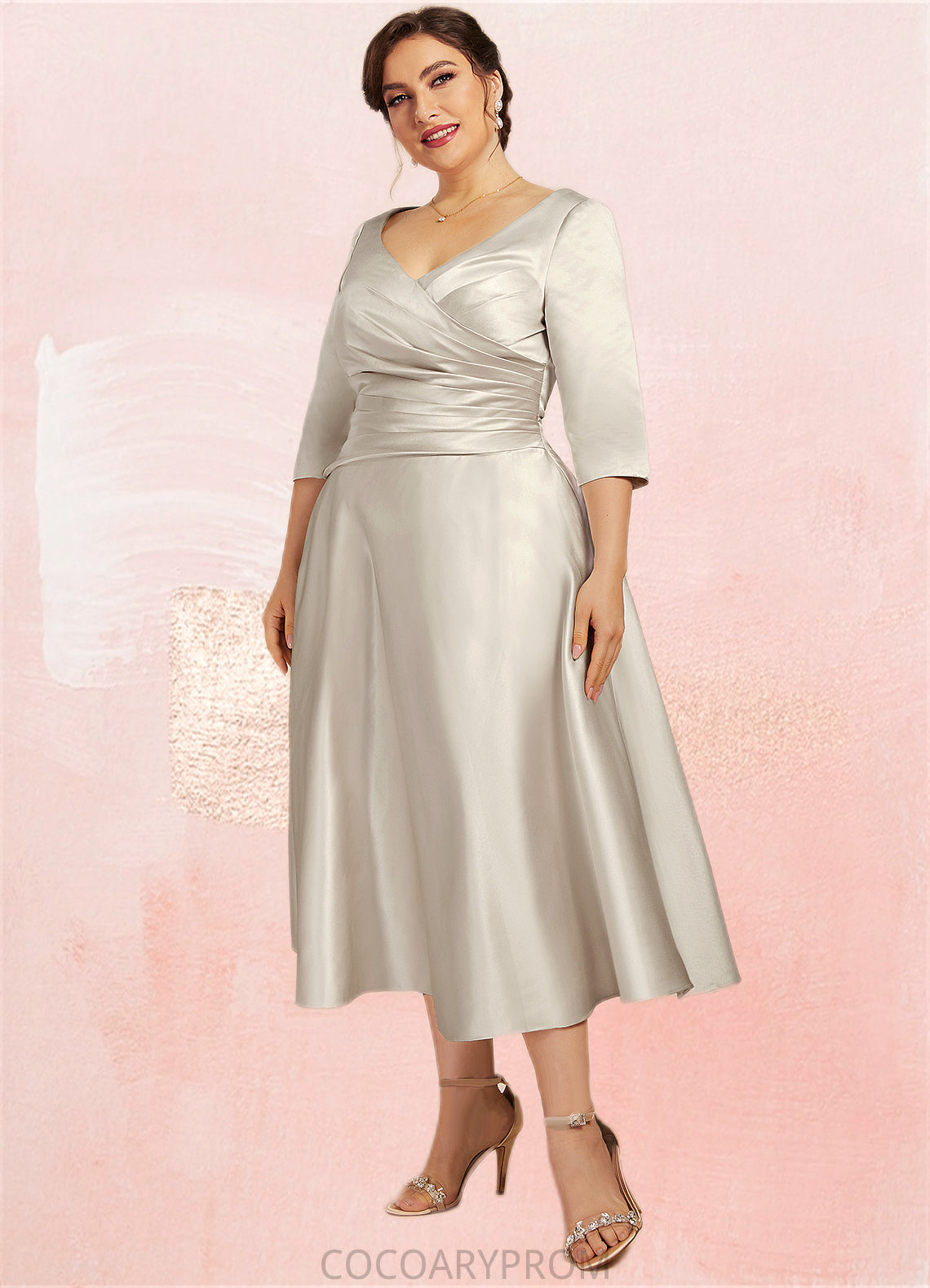 Lola A-Line V-neck Tea-Length Satin Mother of the Bride Dress With Ruffle DA8126P0014598