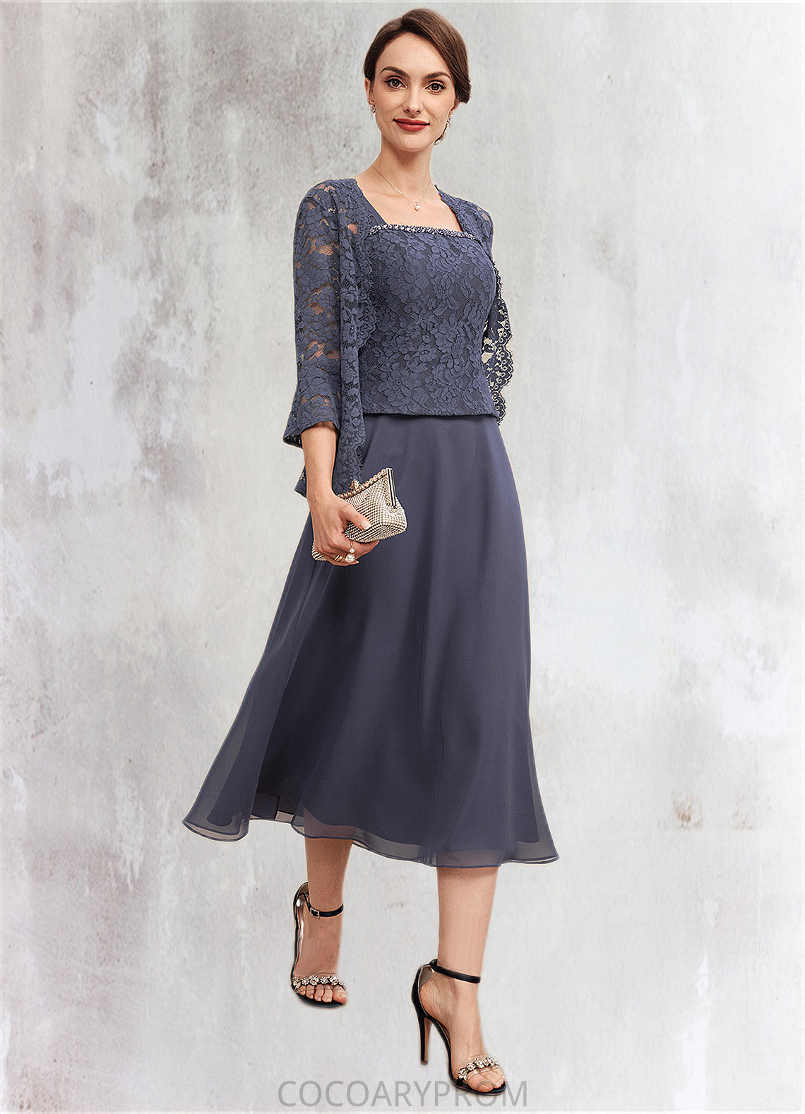 Leilani A-Line Square Neckline Tea-Length Chiffon Lace Mother of the Bride Dress With Beading DA8126P0014601