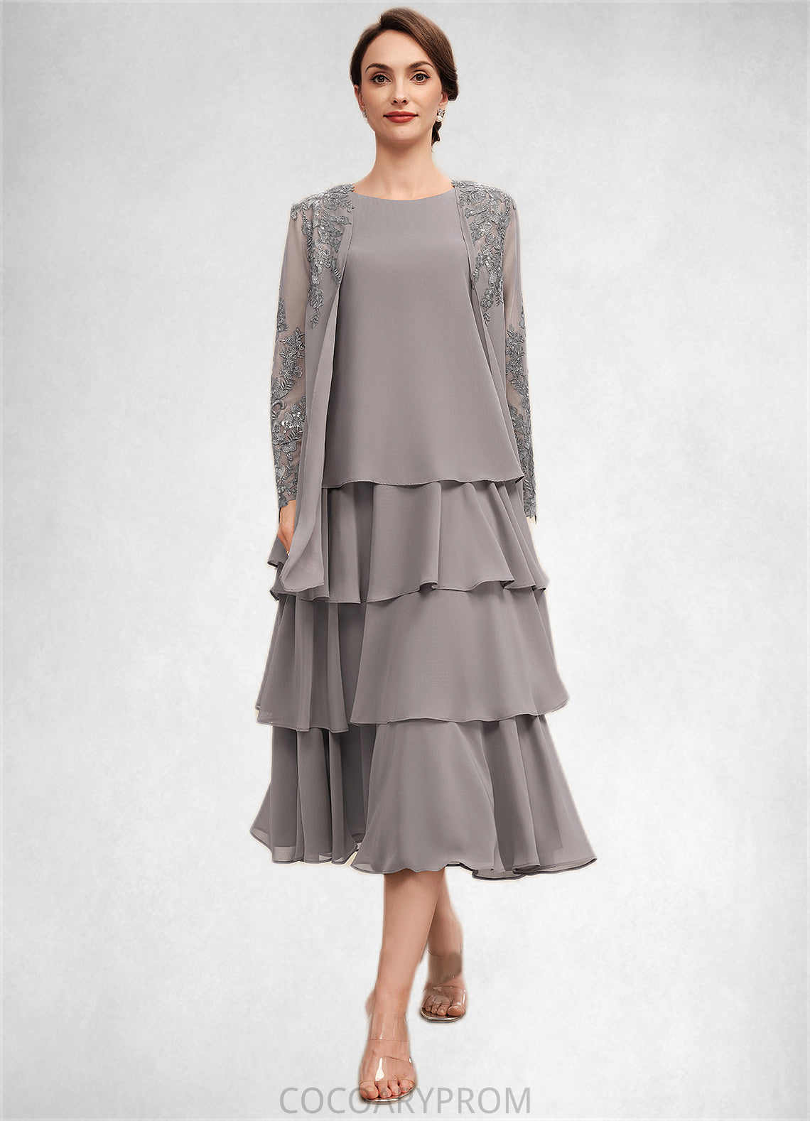 Kay A-Line Scoop Neck Tea-Length Chiffon Mother of the Bride Dress With Cascading Ruffles DA8126P0014603