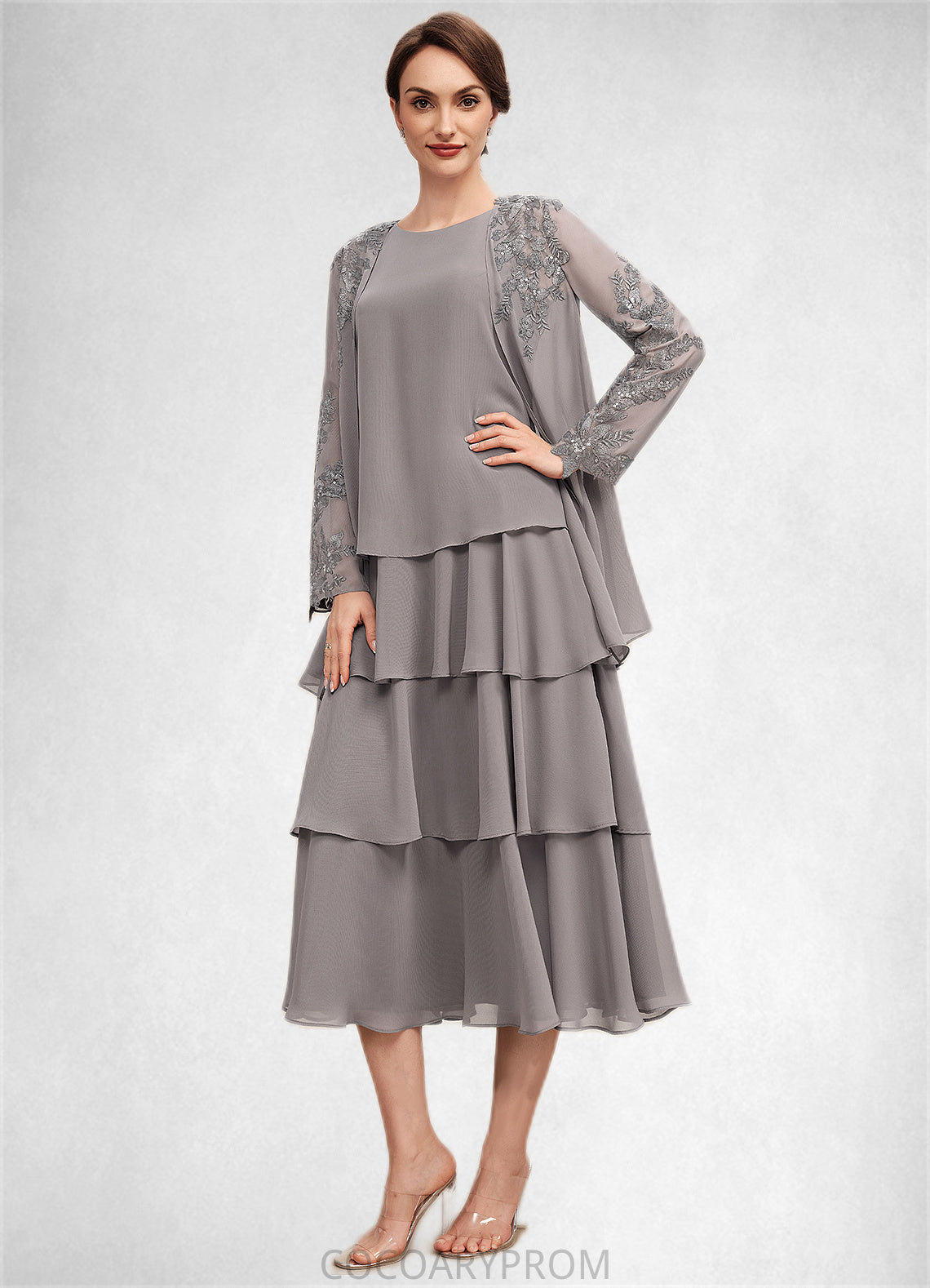 Kay A-Line Scoop Neck Tea-Length Chiffon Mother of the Bride Dress With Cascading Ruffles DA8126P0014603