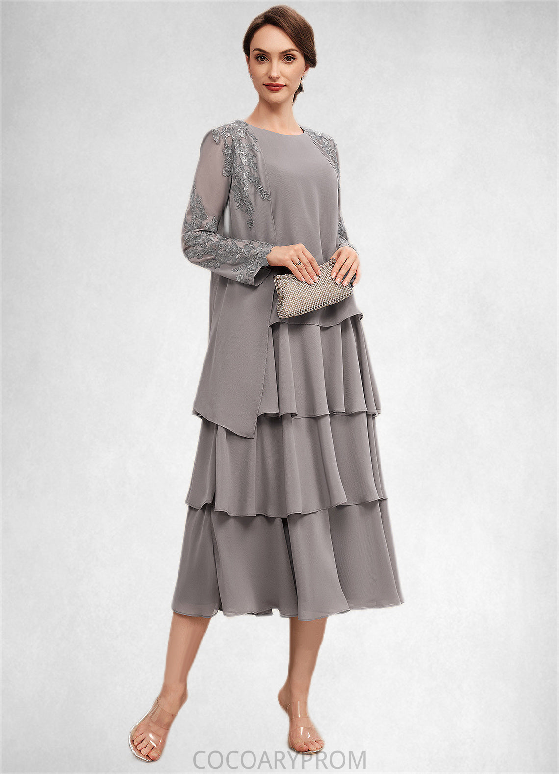 Kay A-Line Scoop Neck Tea-Length Chiffon Mother of the Bride Dress With Cascading Ruffles DA8126P0014603