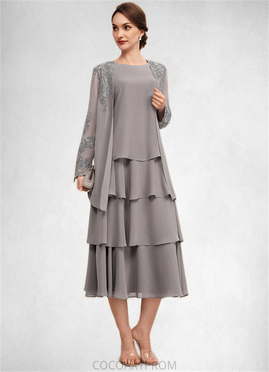 Kay A-Line Scoop Neck Tea-Length Chiffon Mother of the Bride Dress With Cascading Ruffles DA8126P0014603