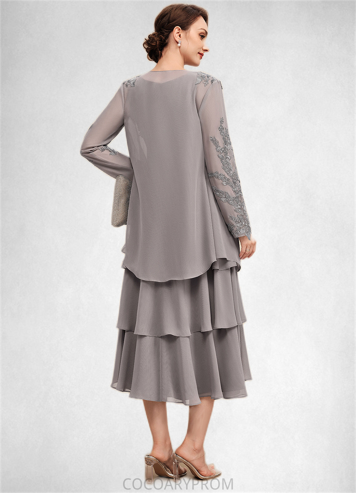 Kay A-Line Scoop Neck Tea-Length Chiffon Mother of the Bride Dress With Cascading Ruffles DA8126P0014603