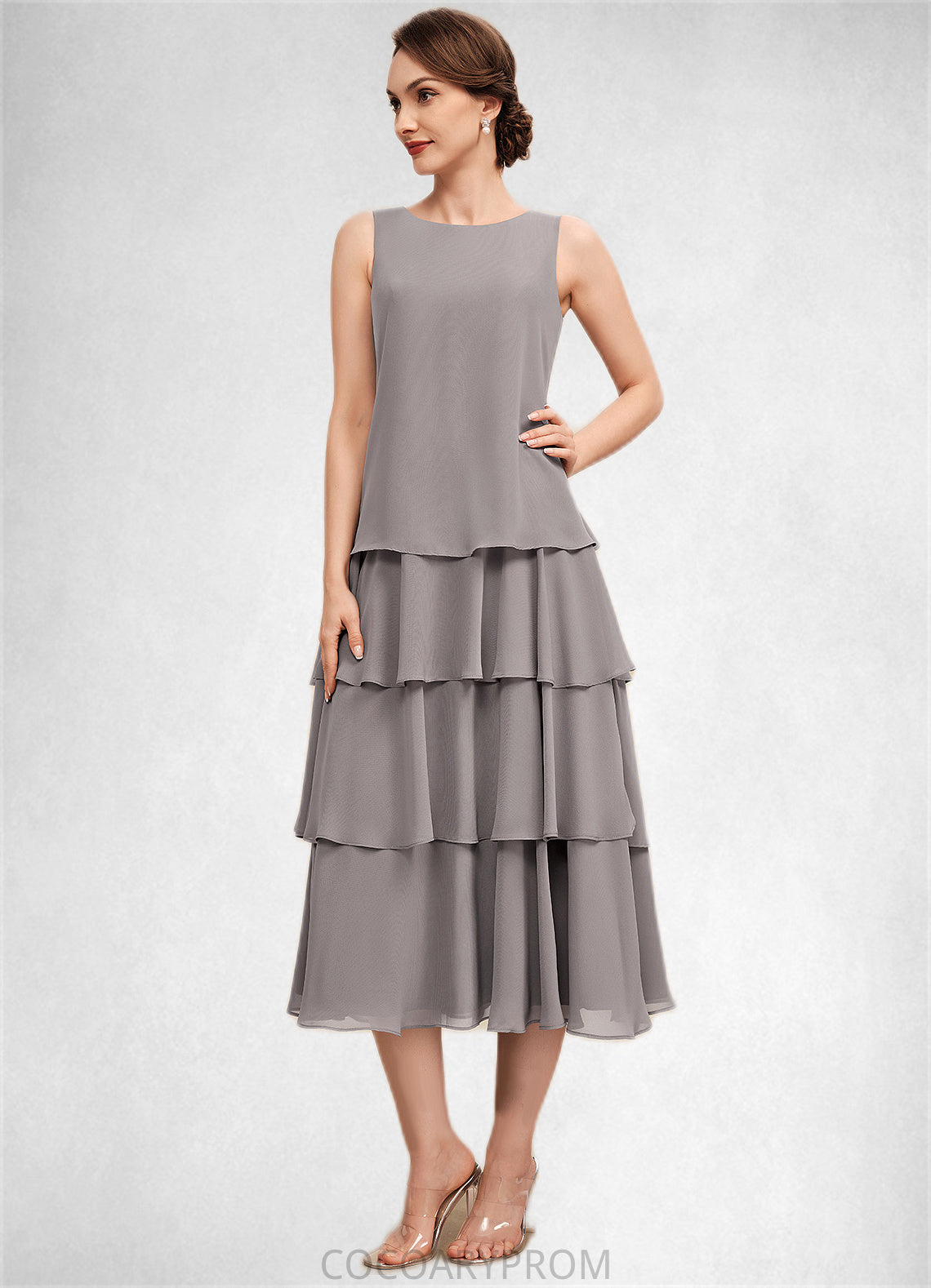 Kay A-Line Scoop Neck Tea-Length Chiffon Mother of the Bride Dress With Cascading Ruffles DA8126P0014603