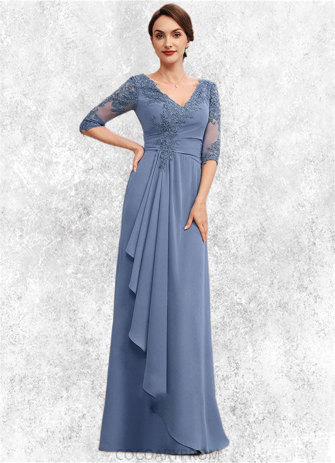 Esme A-Line V-neck Floor-Length Chiffon Lace Mother of the Bride Dress With Cascading Ruffles DA8126P0014609