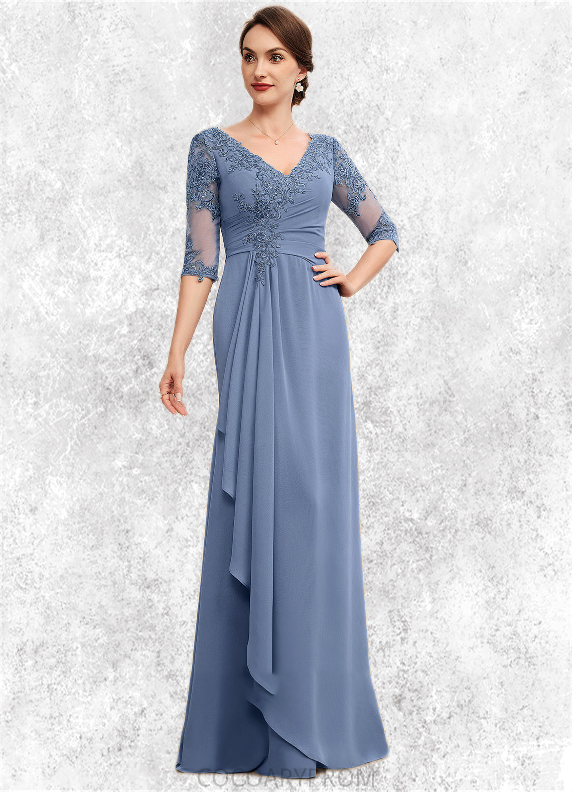 Esme A-Line V-neck Floor-Length Chiffon Lace Mother of the Bride Dress With Cascading Ruffles DA8126P0014609